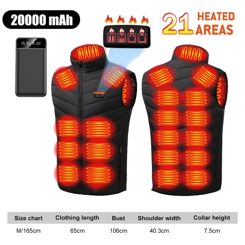 21 Zone Heated Jacket USB Electric Heated Cotton Clothes Warm Snow Heated Vest Jacket Hunting Ski Camping Winter M-4XL