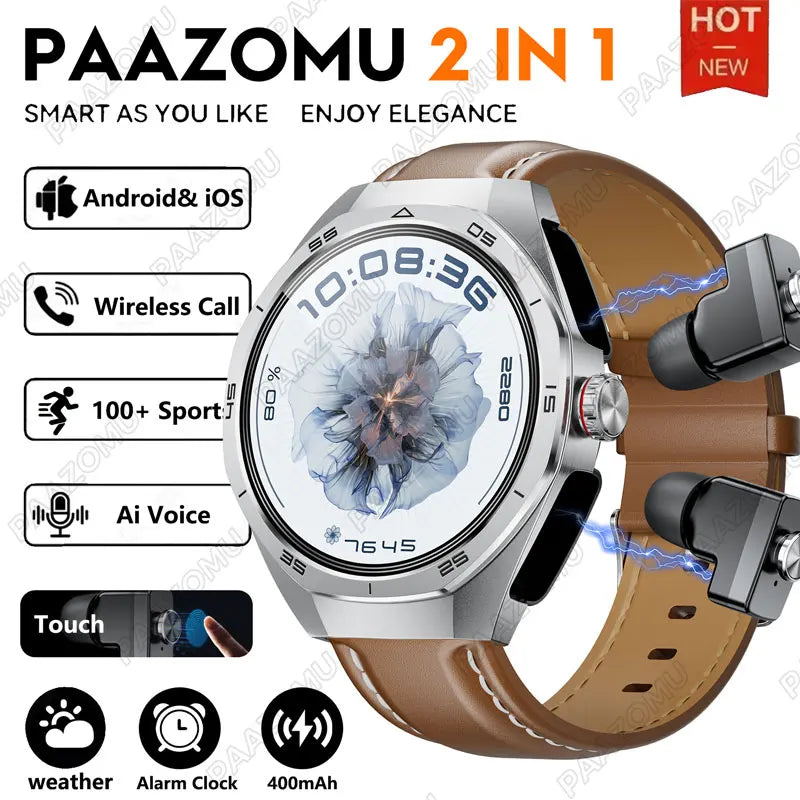 2025 New Smart Watch TWS Headset 2 In 1 Wireless Bluetooth Dual Earbuds Health Monitor Sport Tracker NFC Smartwatch for Huawei