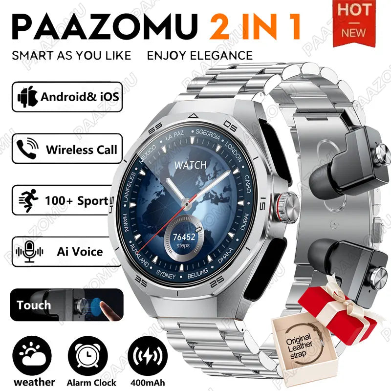 2025 New Smart Watch TWS Headset 2 In 1 Wireless Bluetooth Dual Earbuds Health Monitor Sport Tracker NFC Smartwatch for Huawei