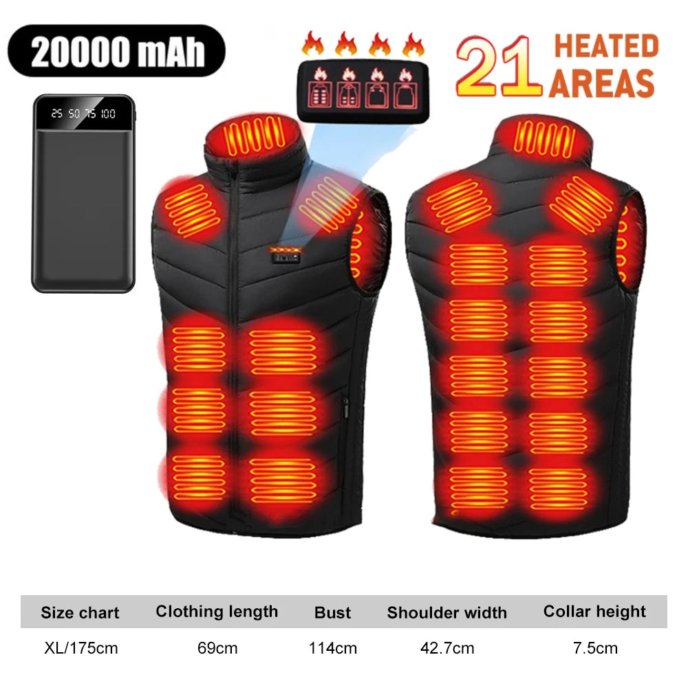 21 Zone Heated Jacket USB Electric Heated Cotton Clothes Warm Snow Heated Vest Jacket Hunting Ski Camping Winter M-4XL