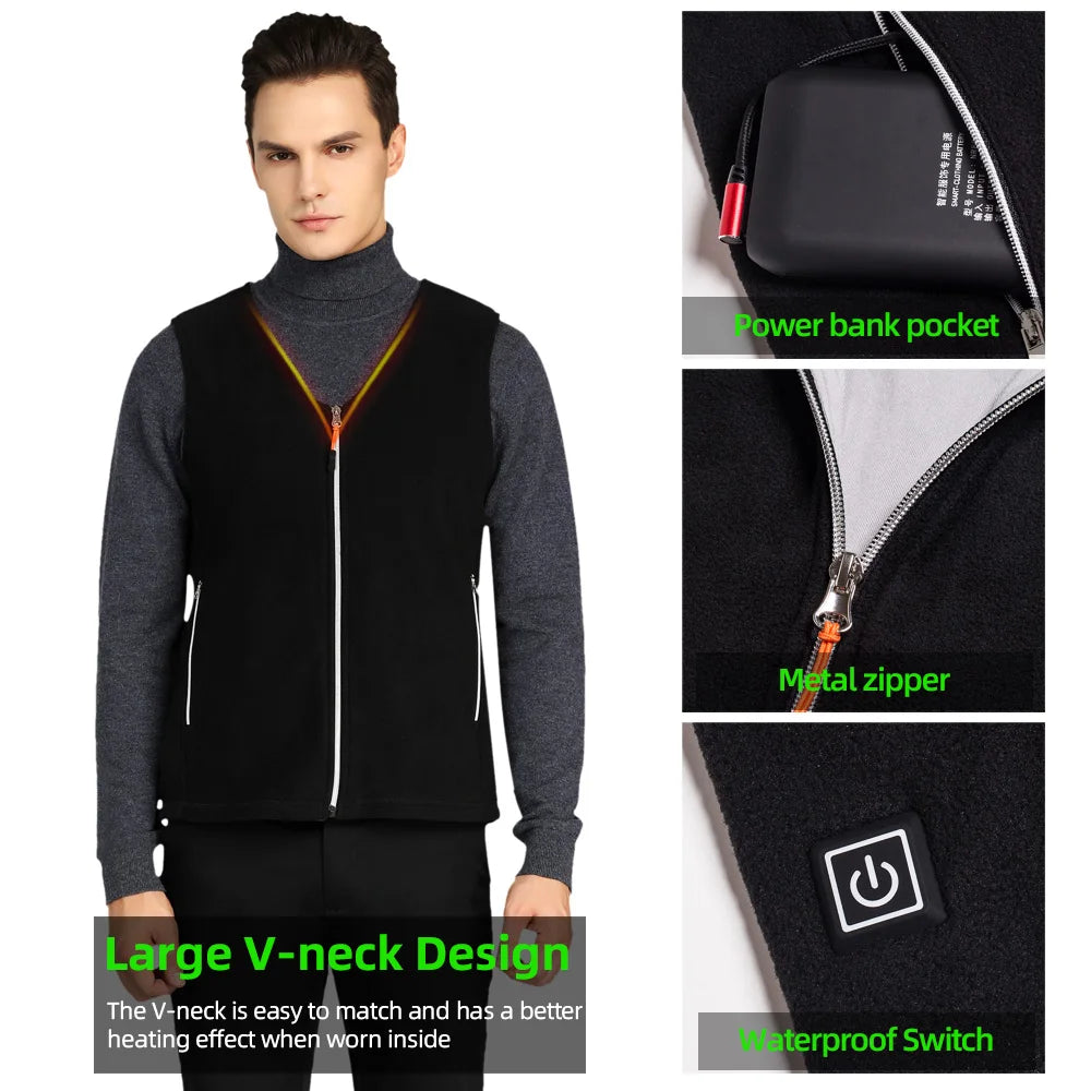 5 Areas Fleece Heated Vest Men USB Electric Heating Vest Women Smart Rechargeable Heated Jacket Outdoor Hiking Heated Clothing
