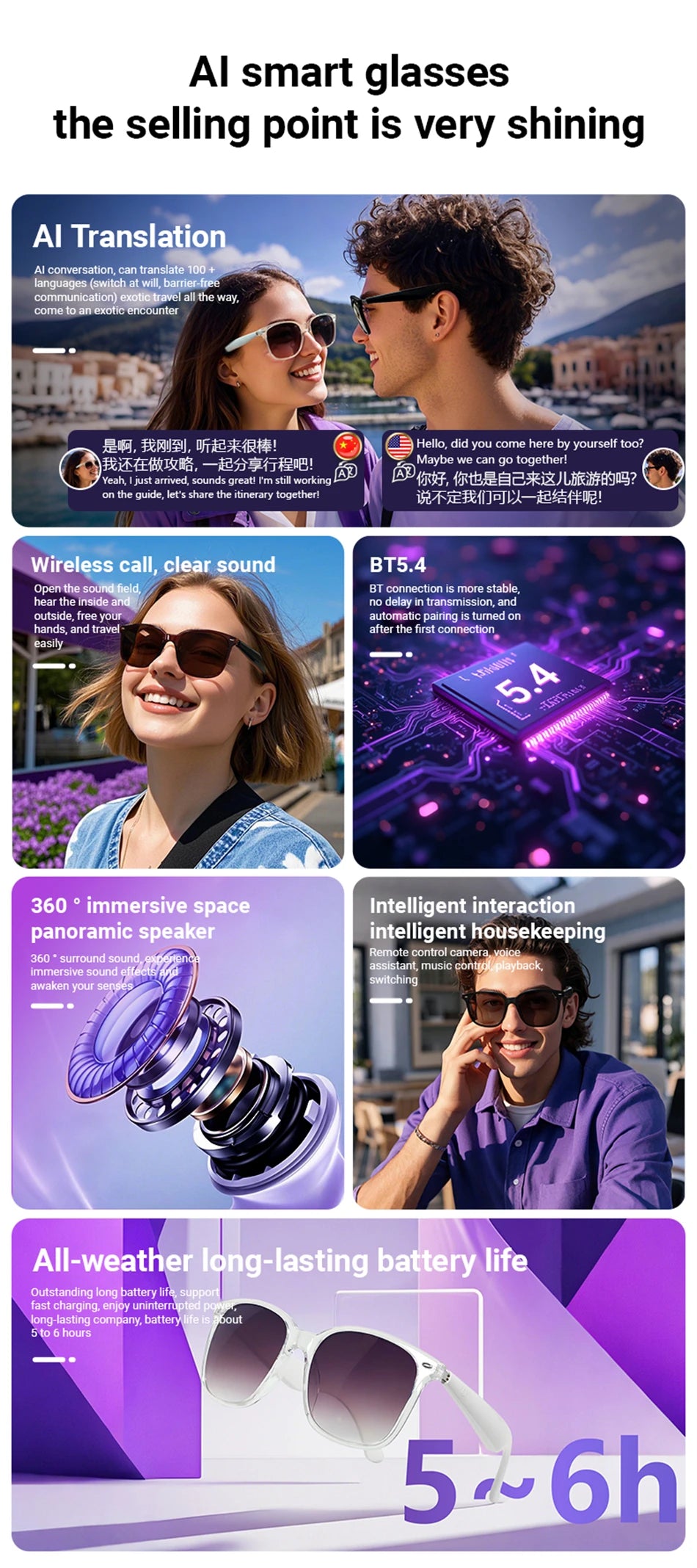 LIGE New Smart Glasses Women Men AI Intelligent Translation 100 Language UV Protection Sunglasses Driving Wireless Music Eyewear