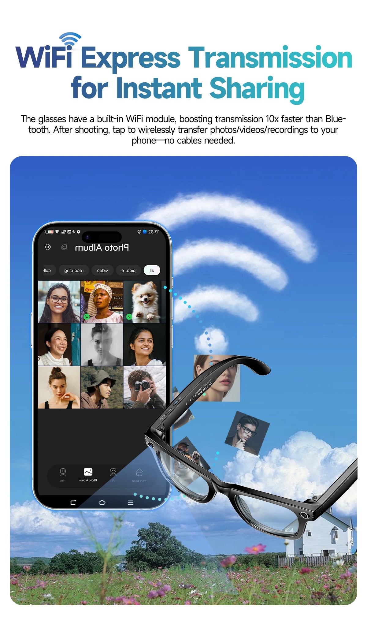 Smart Glasses 8 Million Pixels Recording Videos AI Photo Recognition Answer Translation 270mAh IP65 Waterproof Bluetooth Glasses