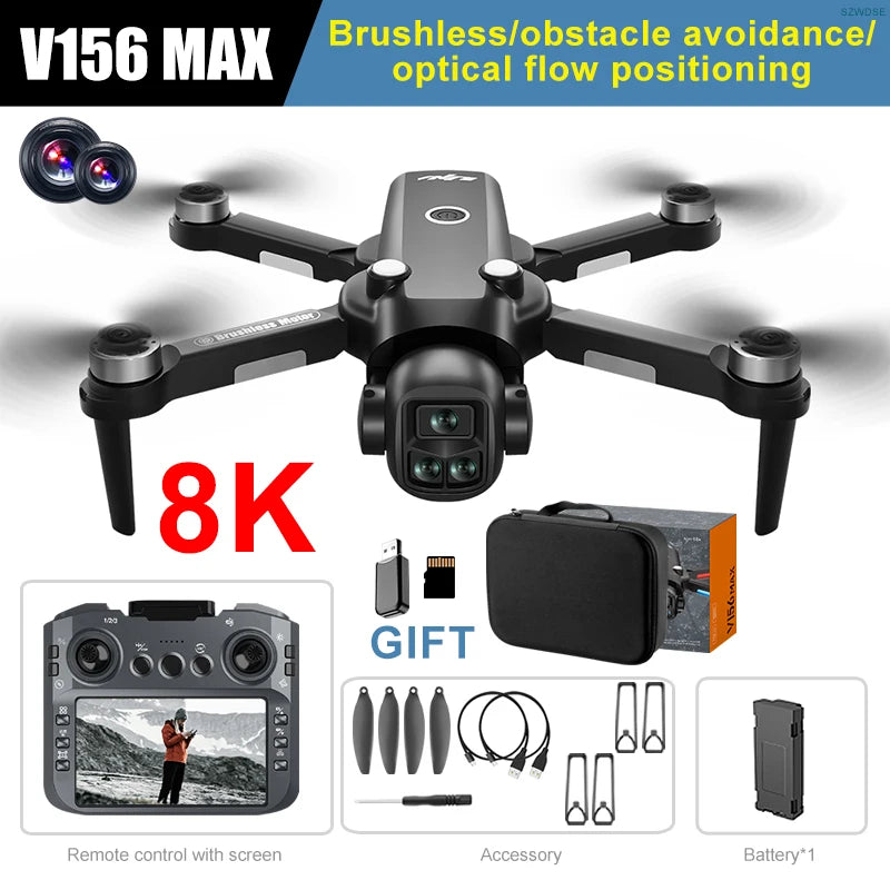 V156 MAX Drone 8K Camera HD With Screen Optical Flow Intelligent Obstacle Avoidance Foldable Brushless Motor Quadcopter Toy UAV