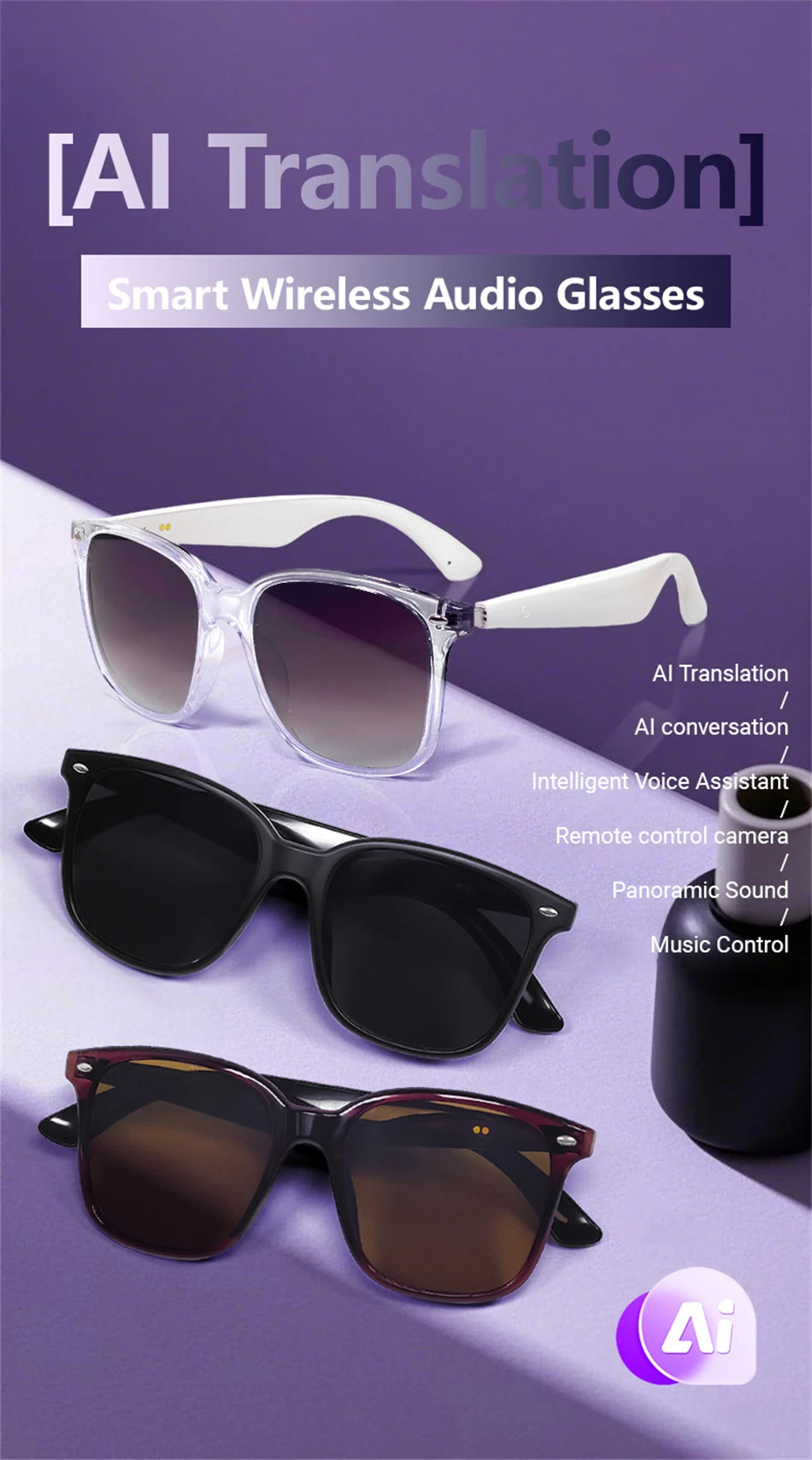 LIGE New Smart Glasses Women Men AI Intelligent Translation 100 Language UV Protection Sunglasses Driving Wireless Music Eyewear