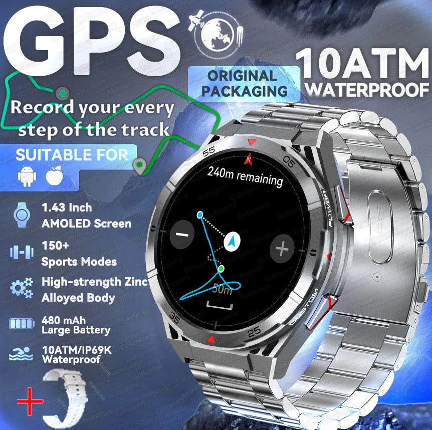 New Outdoor Built-in GPS Smart Watch Men 1.43'' AMOLED Display Compass 3ATM Waterproof Swimming Grade Bluetooth Call Smartwatch