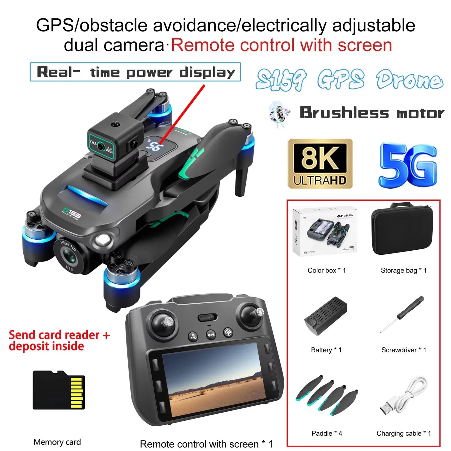 S159 GPS Drone Professional 360° Obstacle Avoidance Brushless 8K HD Dual Camera With Screen 5G WIFI FPV Dron Foldable Quadcopter