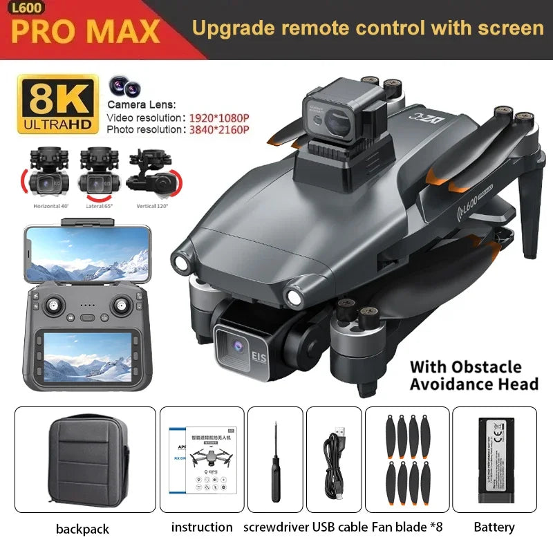 L600 PRO Max GPS Drone With Screen Control 8K HD Dual Camera Brushless Obstacle Avoidance 3-Axis Gimbal Aerial FPV RC Dron 5KM