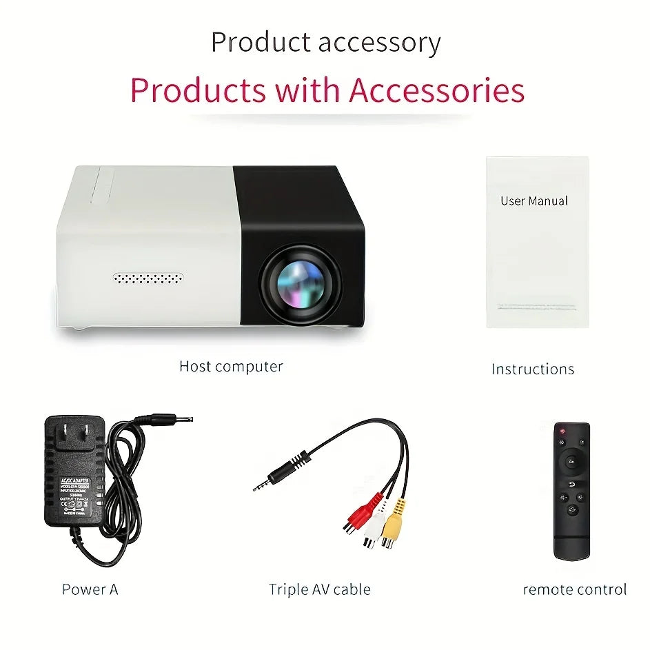 1Pc Bright 3000+ Lumen HD Mini Projector – Portable, 3D-Ready, Multi-Device Compatible, with Remote