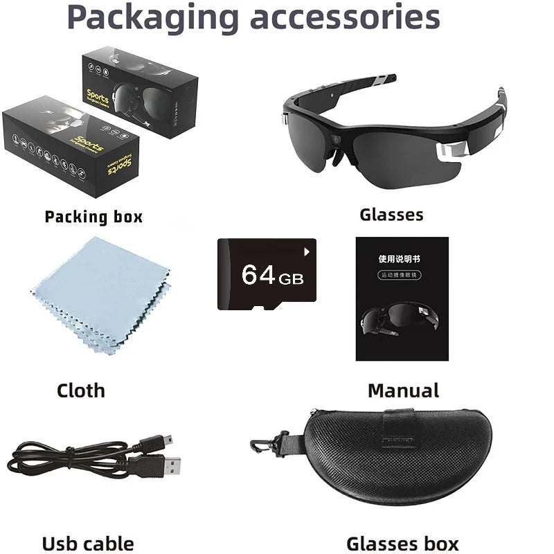 FHD Sports Video Recorder Glasses Mini Action Camera Portable Smart Cam Sunglasses Wearable Bodycam Driving Bike Riding Outdoor