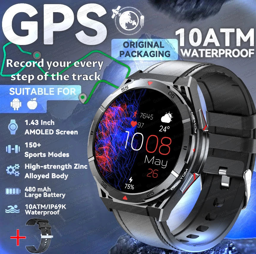 New Outdoor Built-in GPS Smart Watch Men 1.43'' AMOLED Display Compass 3ATM Waterproof Swimming Grade Bluetooth Call Smartwatch