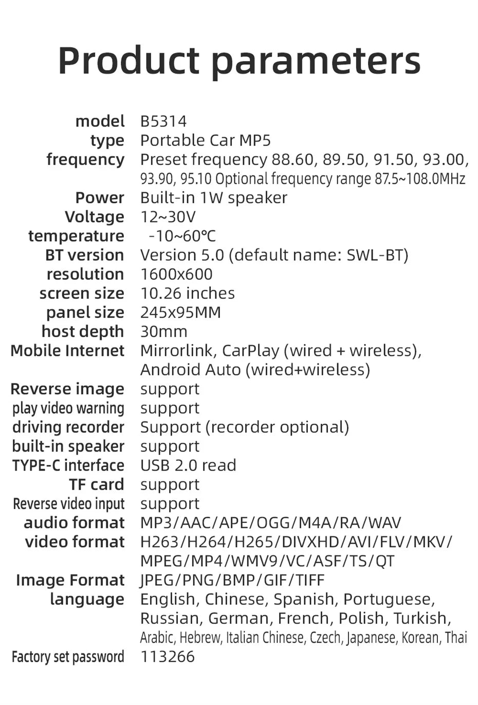 Portable Car MP5 Player Smart Stereo Radio Carplay Android Auto 10.26Inch Touch Screen Bluetooth FM Universal Multimedia Monitor