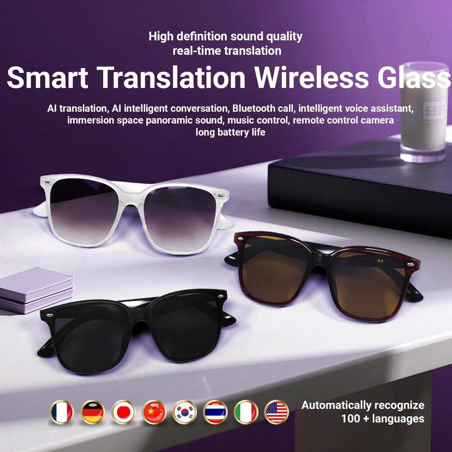 LIGE New Smart Glasses Women Men AI Intelligent Translation 100 Language UV Protection Sunglasses Driving Wireless Music Eyewear