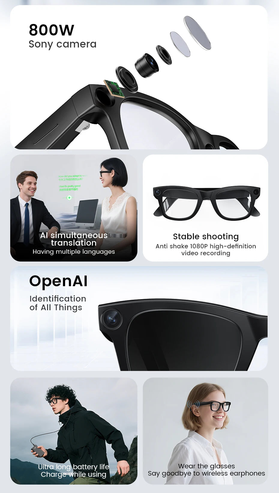 2025 New Smart Glasses 800W HD Camera AI Identification Touch 1080P HD Video Recording Al Voice Wireless Calling Smart Glasses