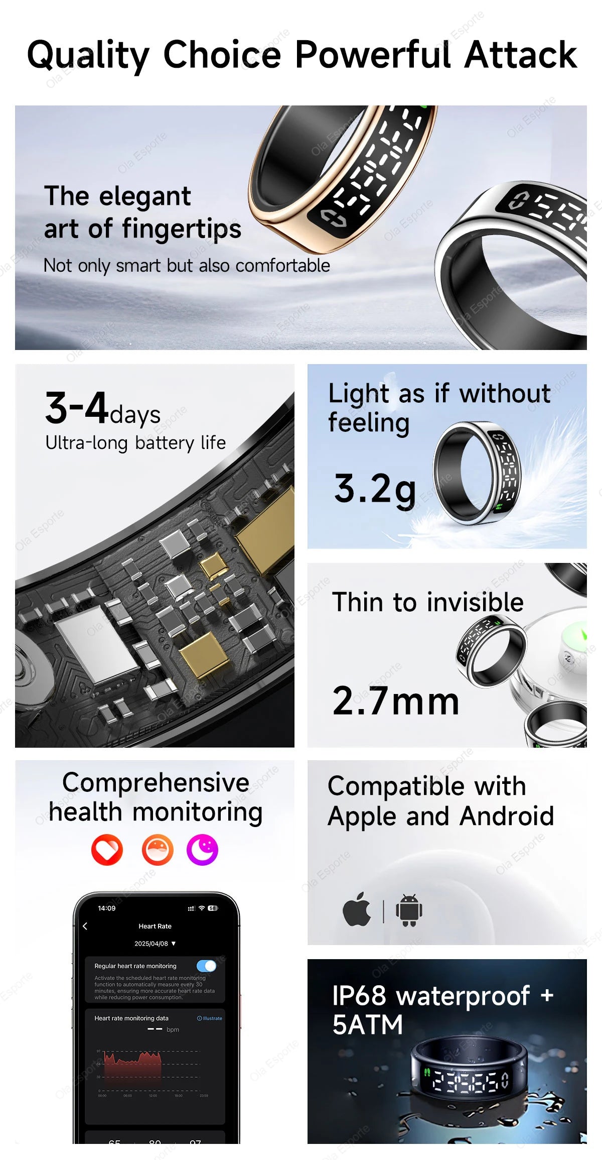 Smart Ring with Wireless Charging for Men Women LED Display Screen Health Sleep Monitor 5ATM Waterproof Multi-sport Mode Rings