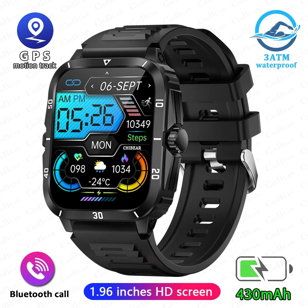 3ATM Waterproof Smartwatch Men 1.96 Inch HD Screen GPS Sports Fitness Tracker Health Monitoring Bluetooth Call Sport Smart Watch