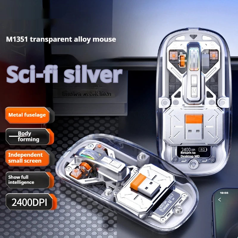 Full of technological sense! Translucent wireless mouse with multi-mode connection and metal roller.
