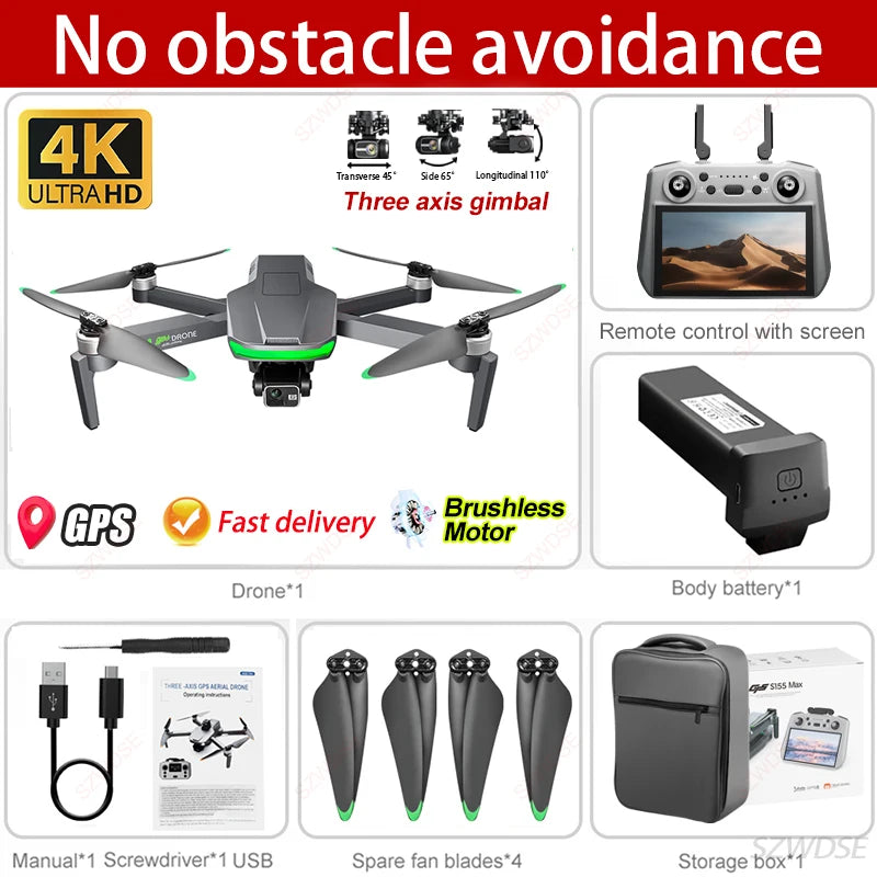 S155 MAX GPS Drone Professional 4K Camera 7.2-inch Touch Screen 3-Axis Gimbal EIS Relay Aircraft Obstacle Avoidance Dron Toy