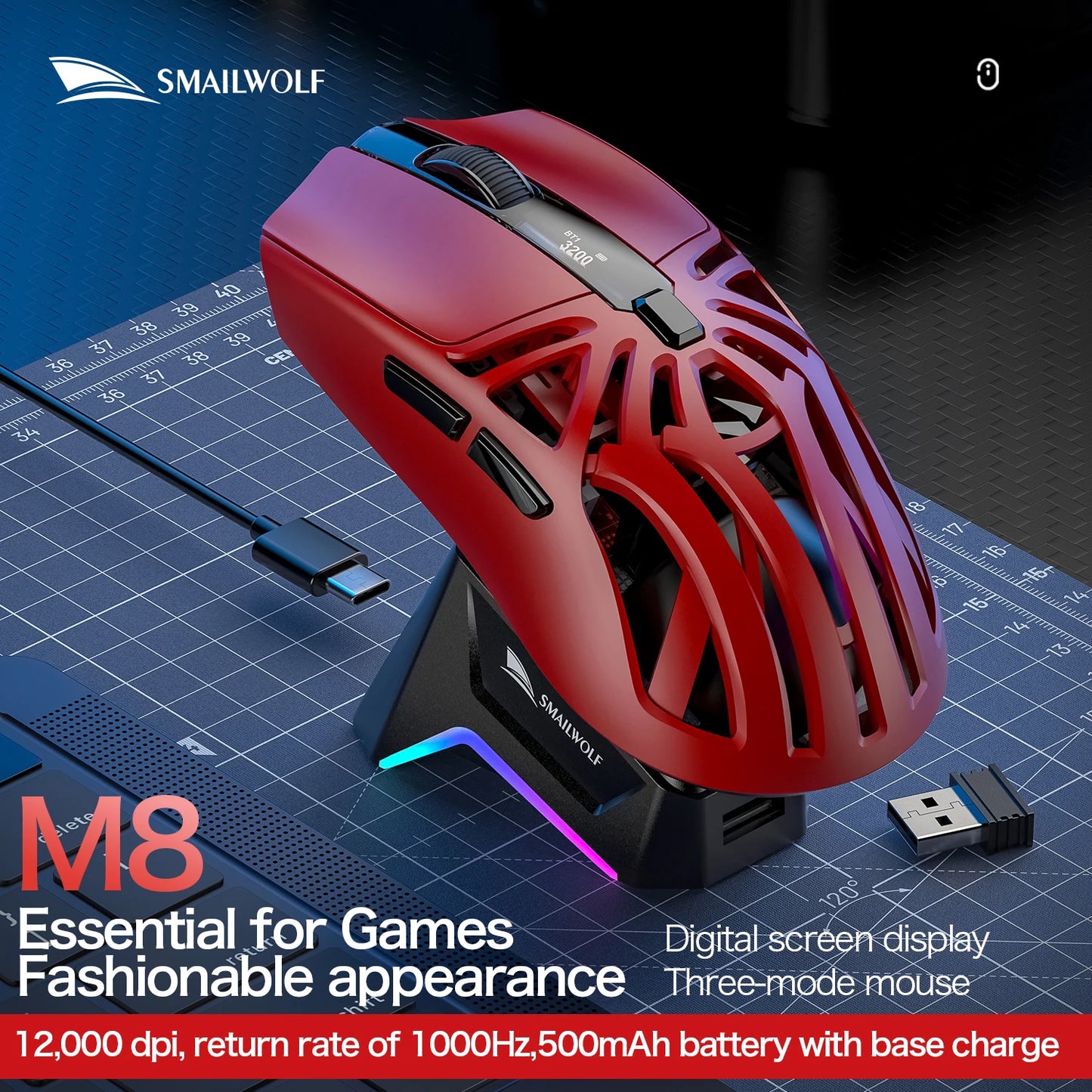 SMAILWOLF RS8 1000Hz Bluetooth mouse, 10000dpi, three-mode connection, lightweight macro gaming mouse notebook computer