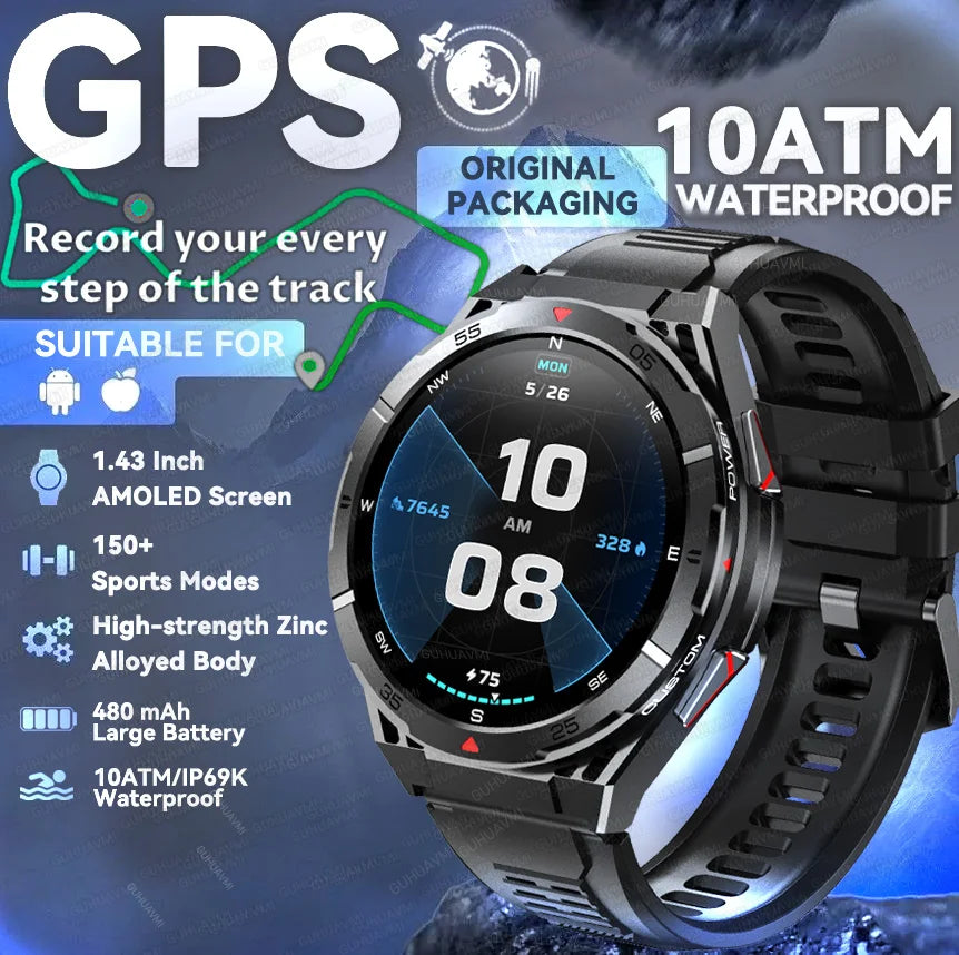 New Outdoor Built-in GPS Smart Watch Men 1.43'' AMOLED Display Compass 3ATM Waterproof Swimming Grade Bluetooth Call Smartwatch