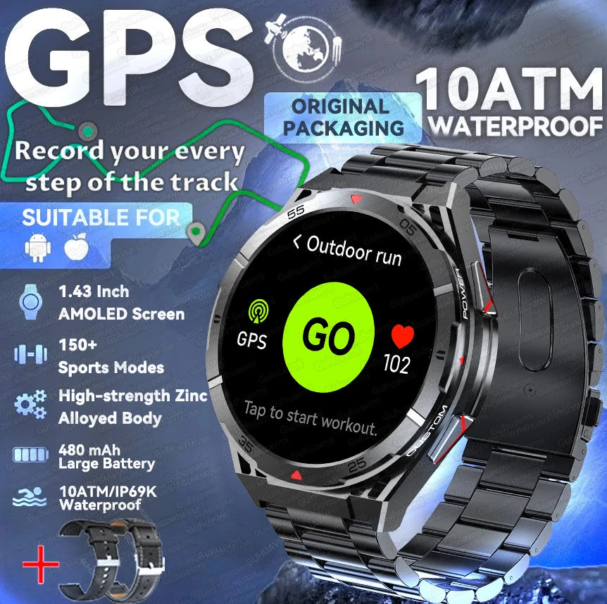New Outdoor Built-in GPS Smart Watch Men 1.43'' AMOLED Display Compass 3ATM Waterproof Swimming Grade Bluetooth Call Smartwatch