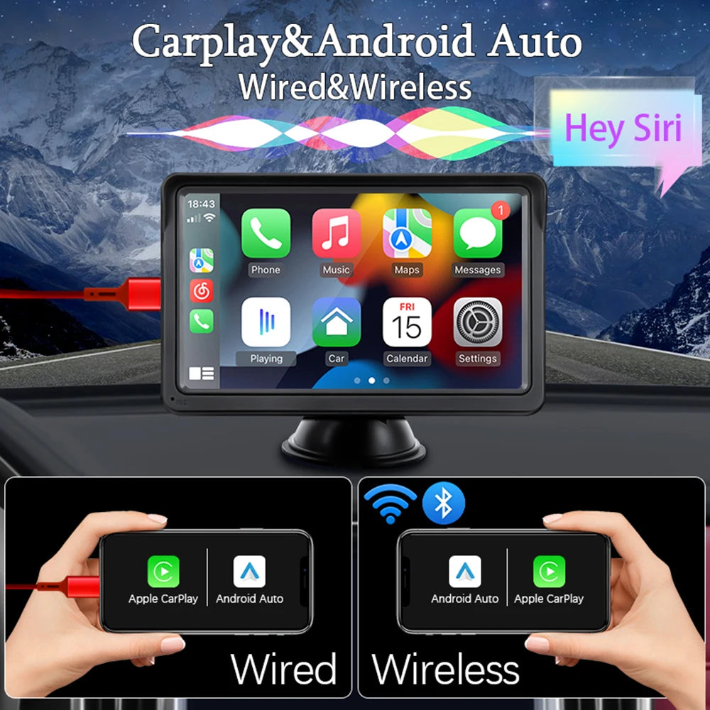 HIPPBQCC CarPlay Android Auto Car Radio Multimedia Video Player 7inch Portable Touch Screen With USB AUX For Rear View Camera