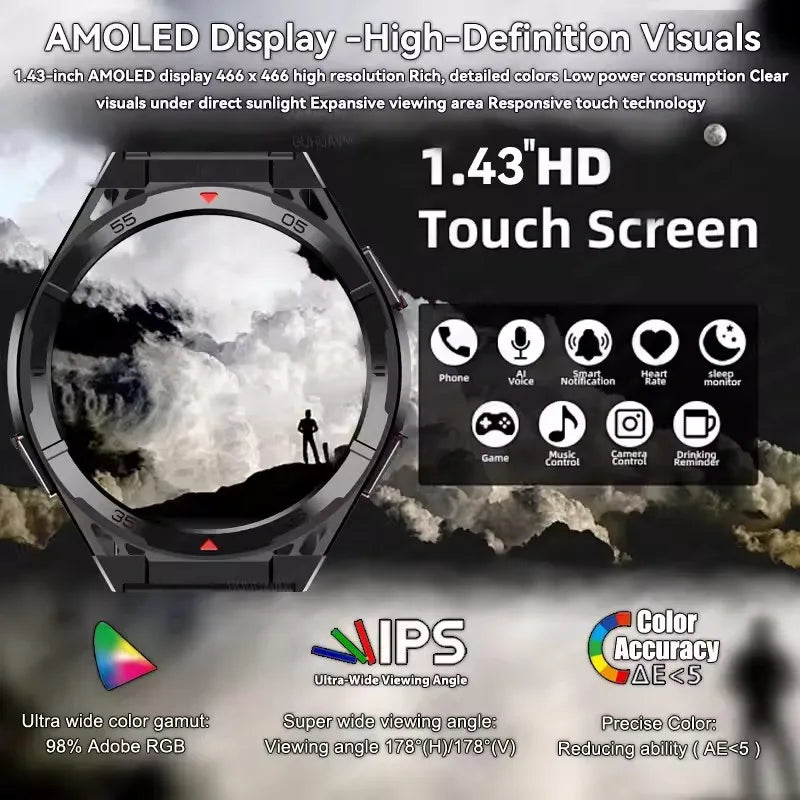 New Outdoor Built-in GPS Smart Watch Men 1.43'' AMOLED Display Compass 3ATM Waterproof Swimming Grade Bluetooth Call Smartwatch