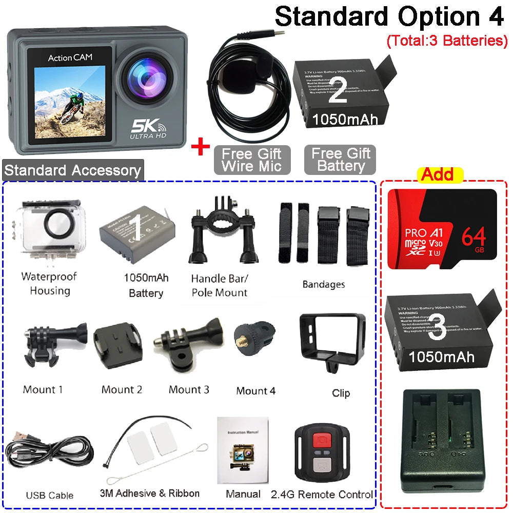 5K 4K60FPS Action Camera Dual IPS Touch LCD DVR EIS 170° 30M Waterproof 5X Zoom Sport Camera With Wireless Mic&Remote Control