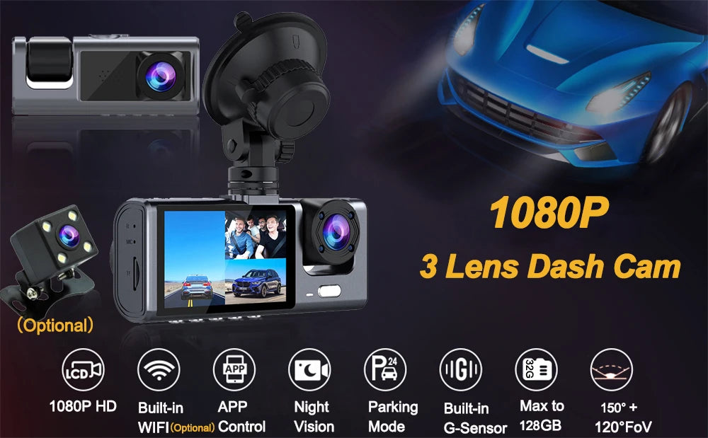 Dash Cam for Cars WIFI APP Car DVR 2/3lens Front Camera Video Recorder Rear View Camera for Vehicle Black Box Car Assecories