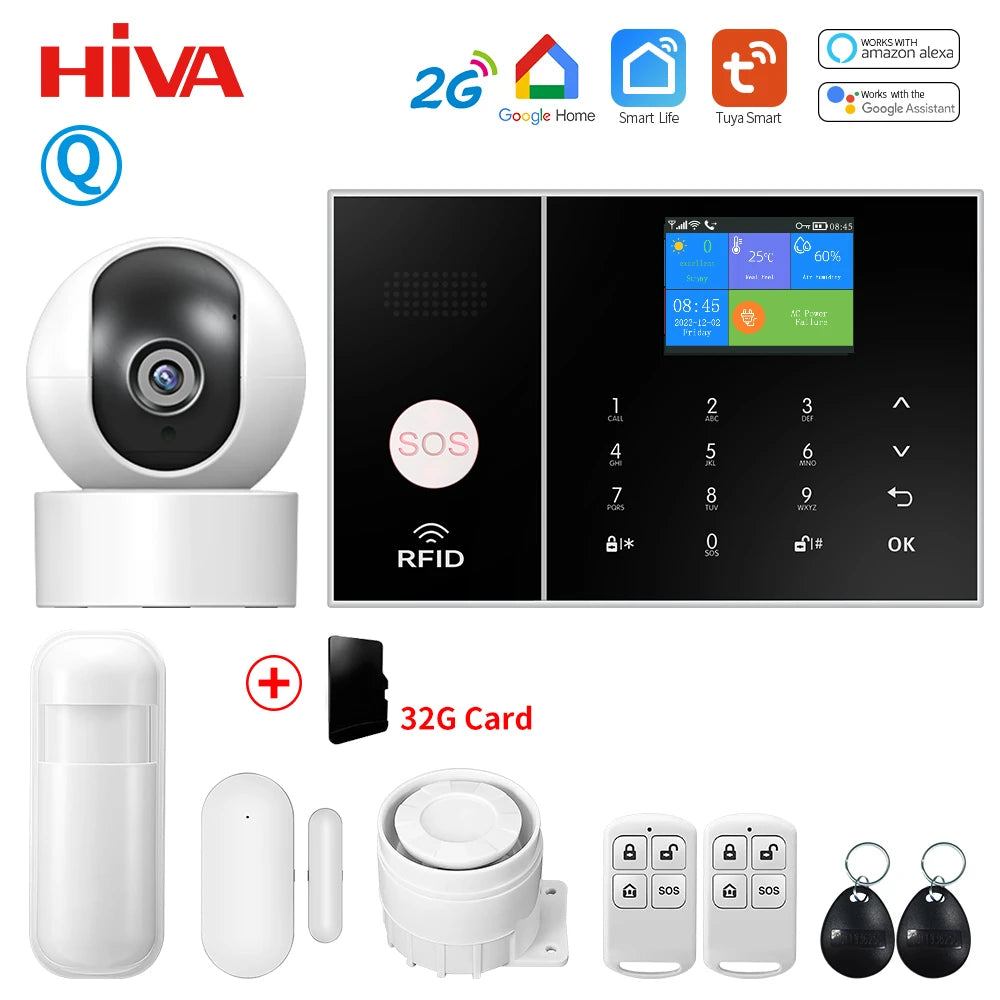 HIVA Security Alarm System For Home GSM Wifi Tuya Smart Life App Control Burglar Alarm Kit With Pir Door Sensor work with Alexa