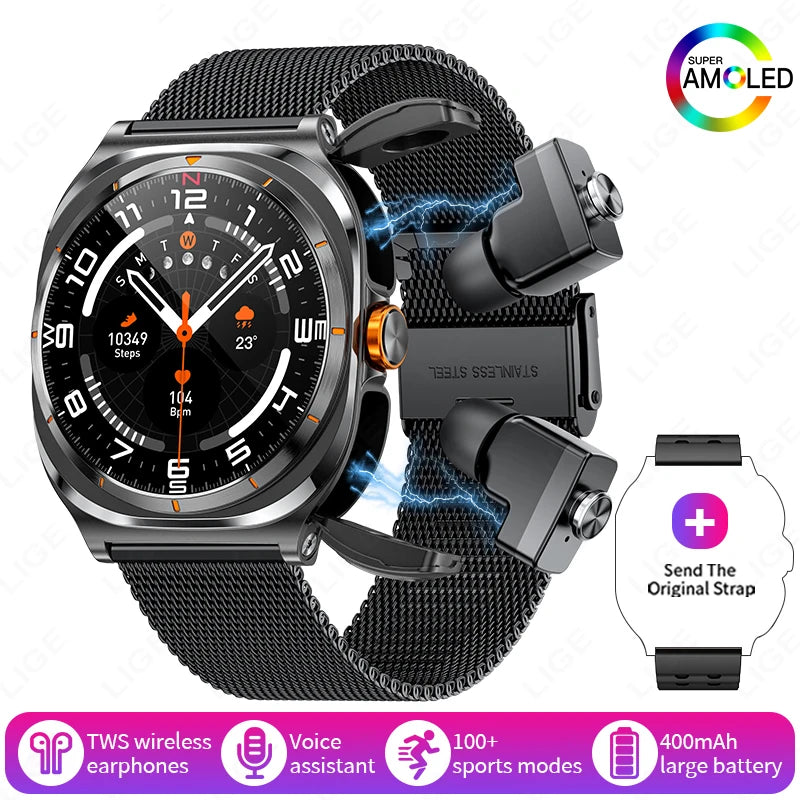 2025 New Smart Watch With 2 in 1 TWS Wireless Headset Bluetooth Call 1.53" AMOLED Screen 400mAh IP67 Waterproof Sport Smartwatch