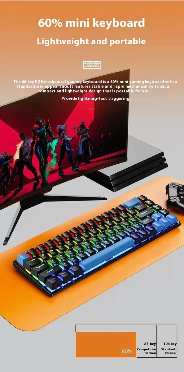 2025 new 68-key game mechanical keyboard mini 65% compact RGB backlit ergonomic wired film keyboard, suitable for laptop desktop