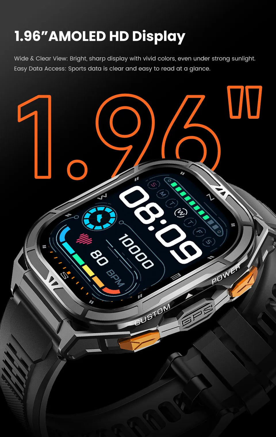 GPS Smart Watch 1.96" AMOLED HD 100+ Sports Modes 480mAh large 15-Day Battery 50M Waterproof Heart Rate/Sleep Monitor,Bluetooth