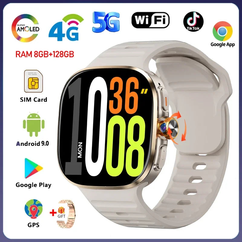 5G/4G Full Network Smart Watch 2.40 inch Big Screen HD Video Call 8GB+128GB RAM 2100mAh Google Play WIFI GPS Sim Card Smartwatch