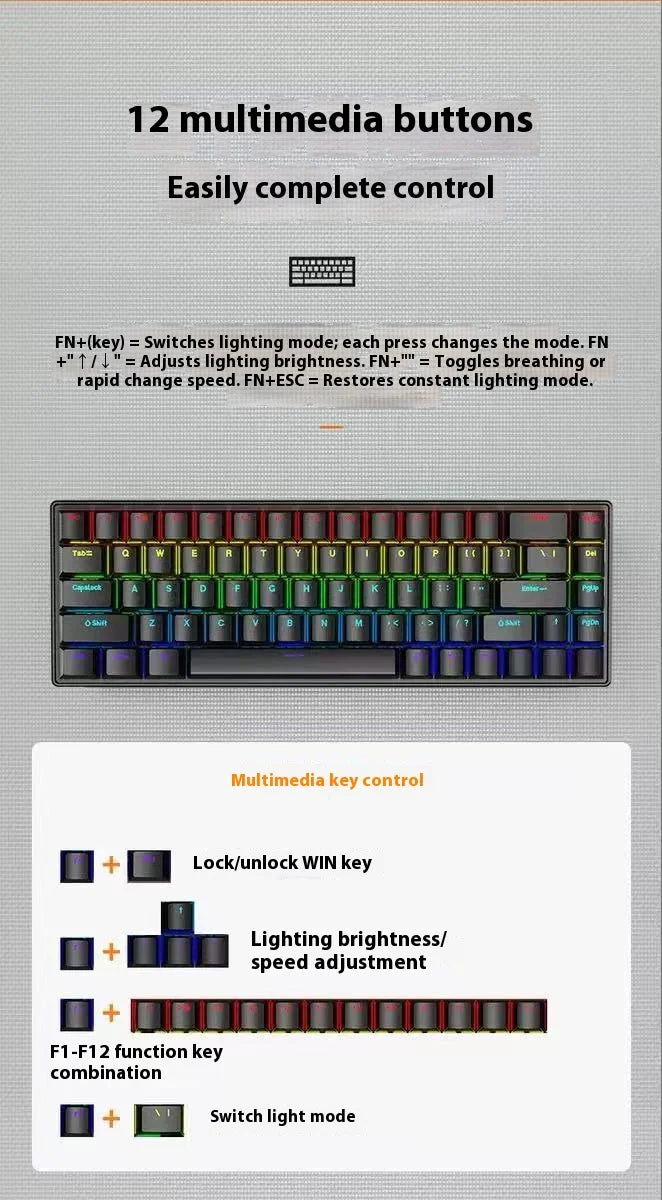 2025 new 68-key game mechanical keyboard mini 65% compact RGB backlit ergonomic wired film keyboard, suitable for laptop desktop