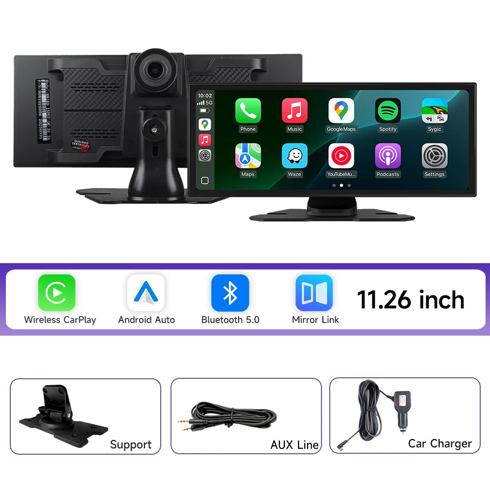 11.26 inch IPS Touch Screen Multimedia Video Player Portable 4K Car DVR Wireless CarPlay Android Auto Dual Lens Driving Recorder