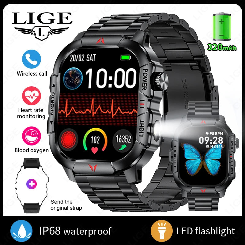 LIGE Smart Watch LED Flashlight Men Waterproof Watches 2.01-inch HD Screen Health Bracelet Military Outdoor Sport Smartwatch Man