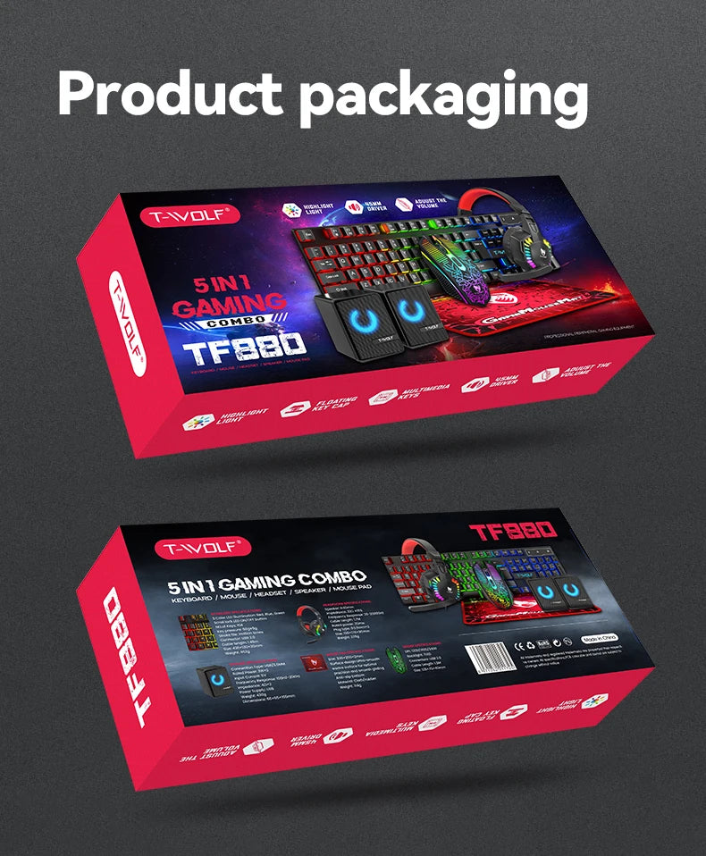 Five-piece Gaming Combo 104 Keys Keyboard 4-color Breathing Light Mouse 3.5mm Gaming Headset Gaming Speaker Anti-slip Mouse Pad