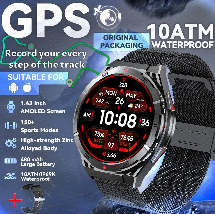 New Outdoor Built-in GPS Smart Watch Men 1.43'' AMOLED Display Compass 3ATM Waterproof Swimming Grade Bluetooth Call Smartwatch