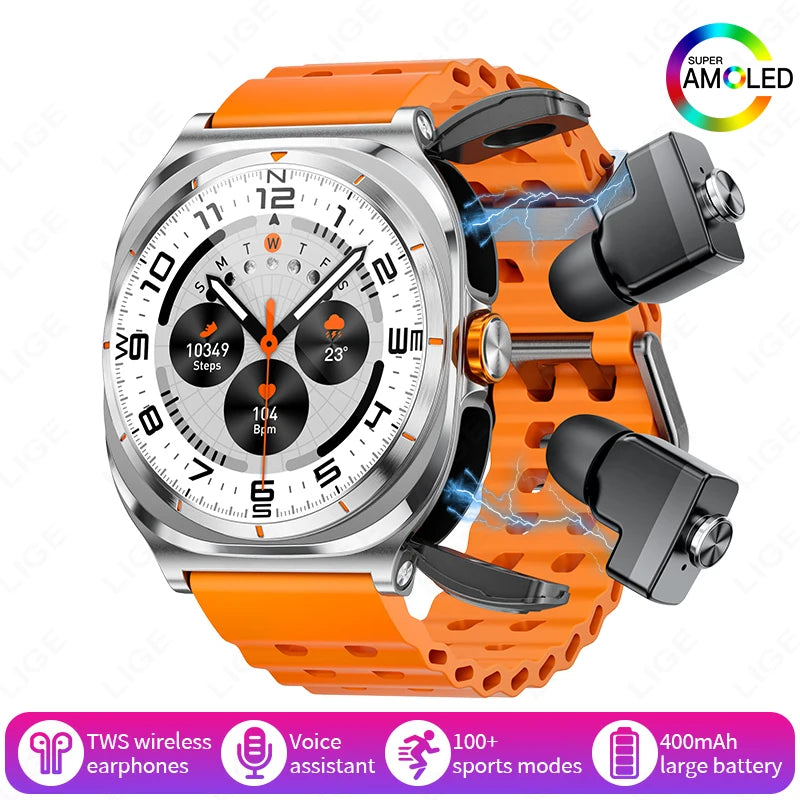 2025 New Smart Watch With 2 in 1 TWS Wireless Headset Bluetooth Call 1.53" AMOLED Screen 400mAh IP67 Waterproof Sport Smartwatch