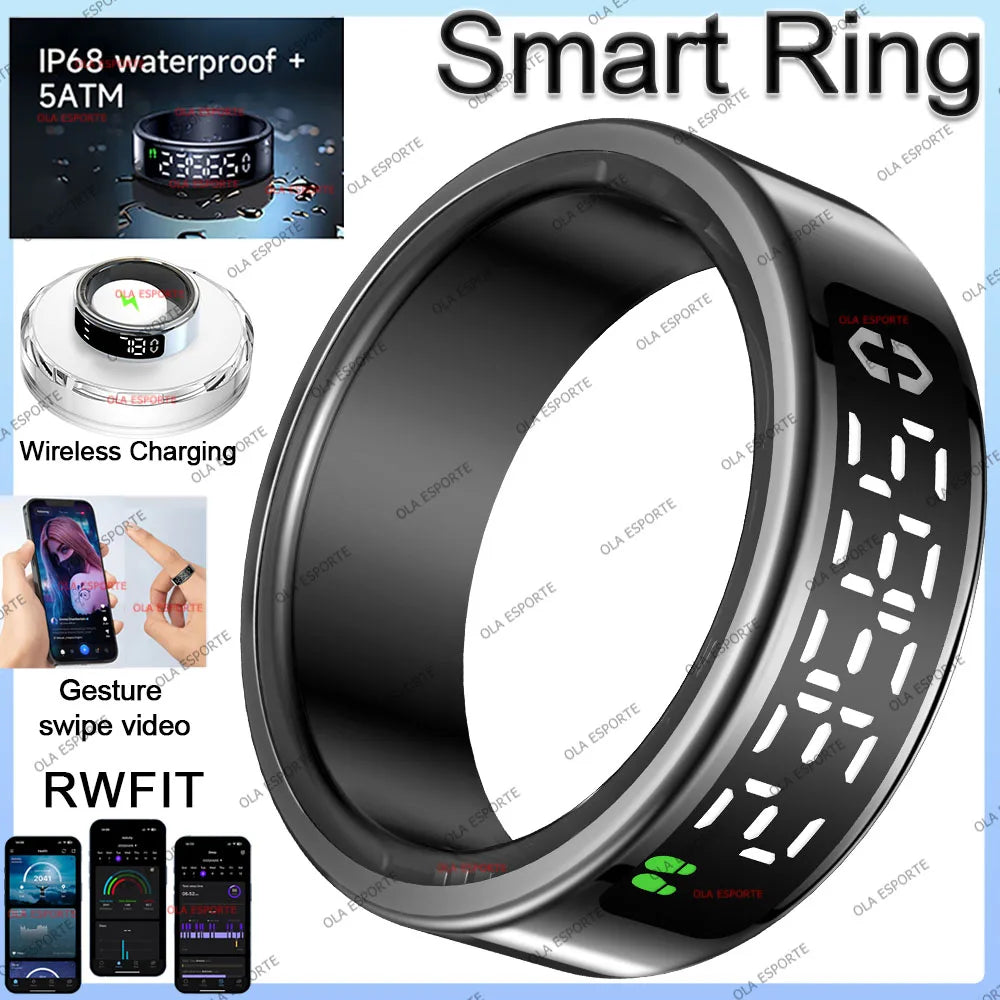 Smart Ring with Wireless Charging for Men Women LED Display Screen Health Sleep Monitor 5ATM Waterproof Multi-sport Mode Rings