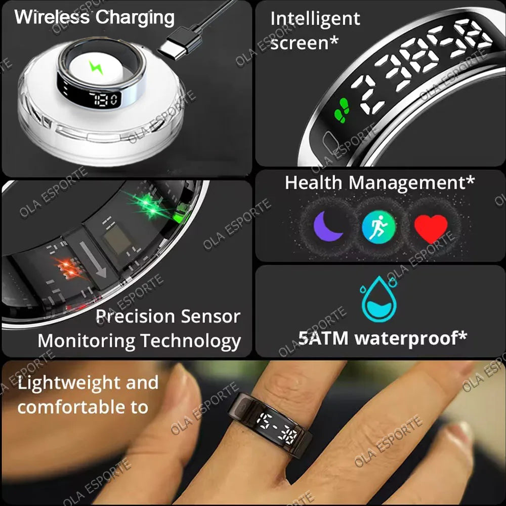 Smart Ring with Wireless Charging for Men Women LED Display Screen Health Sleep Monitor 5ATM Waterproof Multi-sport Mode Rings