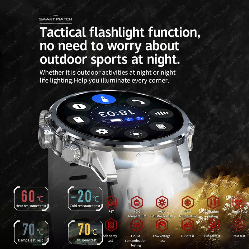 2025 New Rugged Military Smart Watch Men Heart Rate Flashlight IP68 Waterproof Outdoor Sport Tracker Bluetooth Call Smart Watch