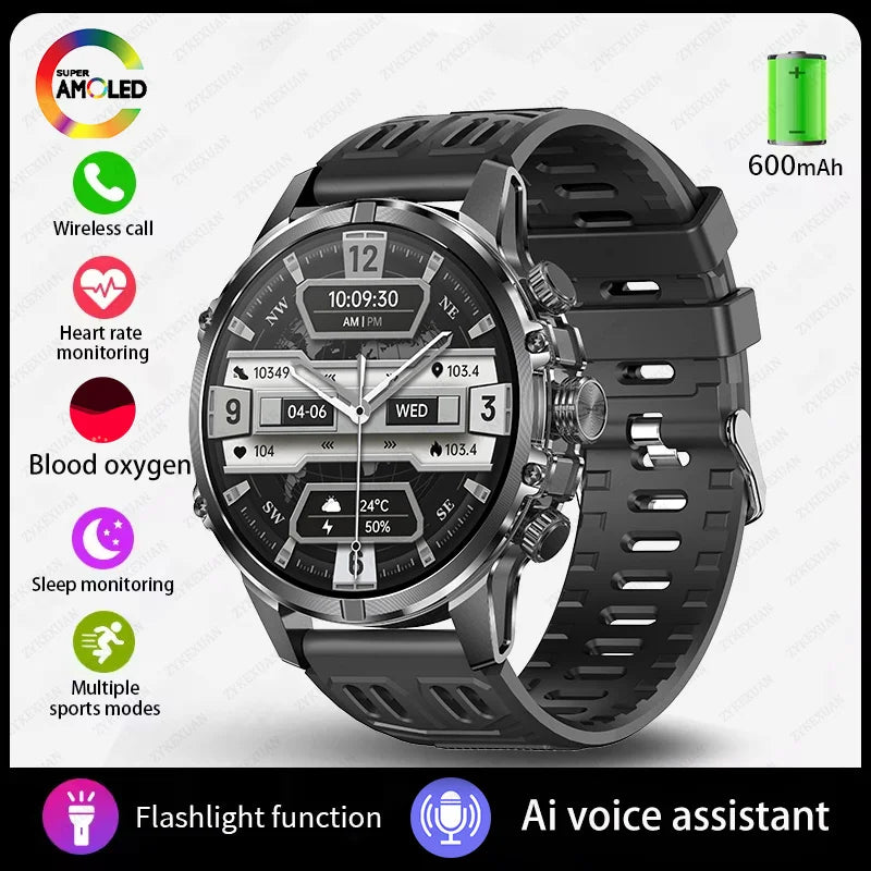 2025 New Rugged Military Smart Watch Men Heart Rate Flashlight IP68 Waterproof Outdoor Sport Tracker Bluetooth Call Smart Watch
