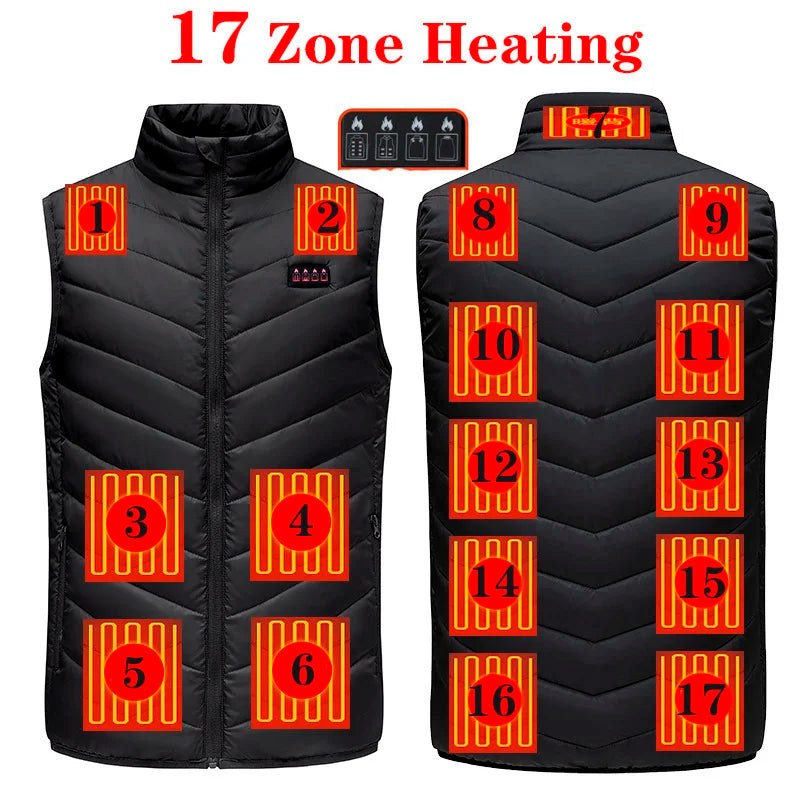 17/13 Zones Heated Vest Men Women Usb Heated Jacket Thermal Hunting Vest Winter Heating Jacket Chauffante Heating Veste S-6XL