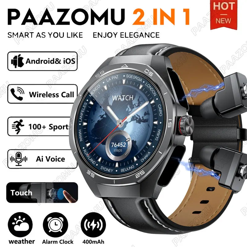 2025 New Smart Watch TWS Headset 2 In 1 Wireless Bluetooth Dual Earbuds Health Monitor Sport Tracker NFC Smartwatch for Huawei