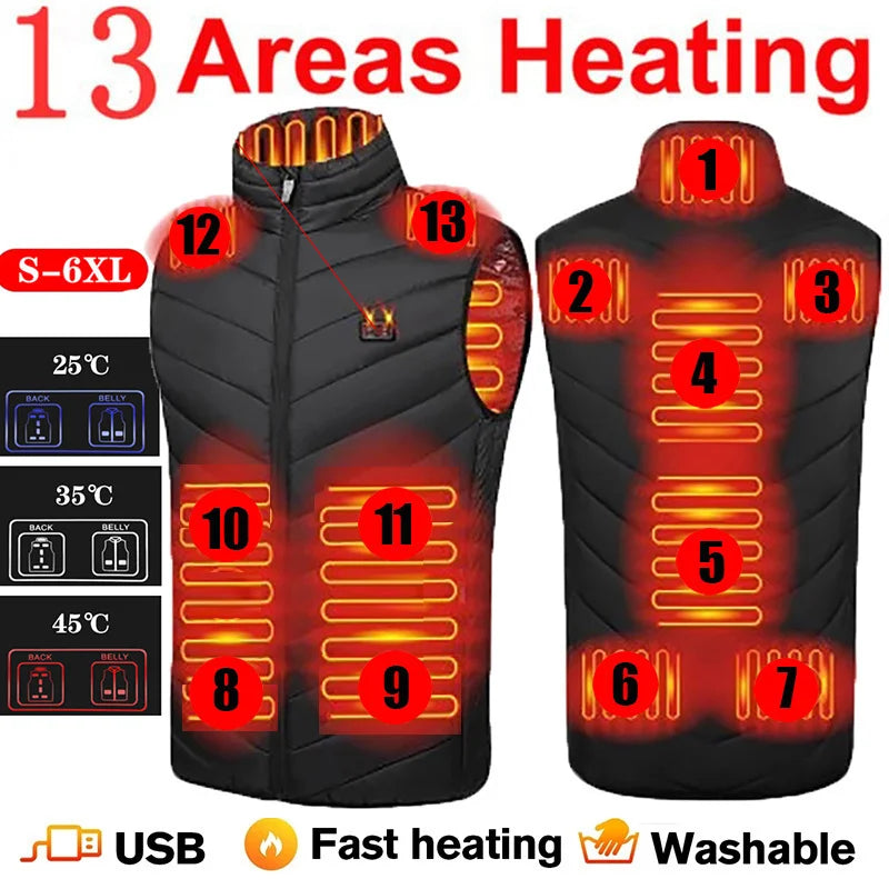 17/13 Zones Heated Vest Men Women Usb Heated Jacket Thermal Hunting Vest Winter Heating Jacket Chauffante Heating Veste S-6XL