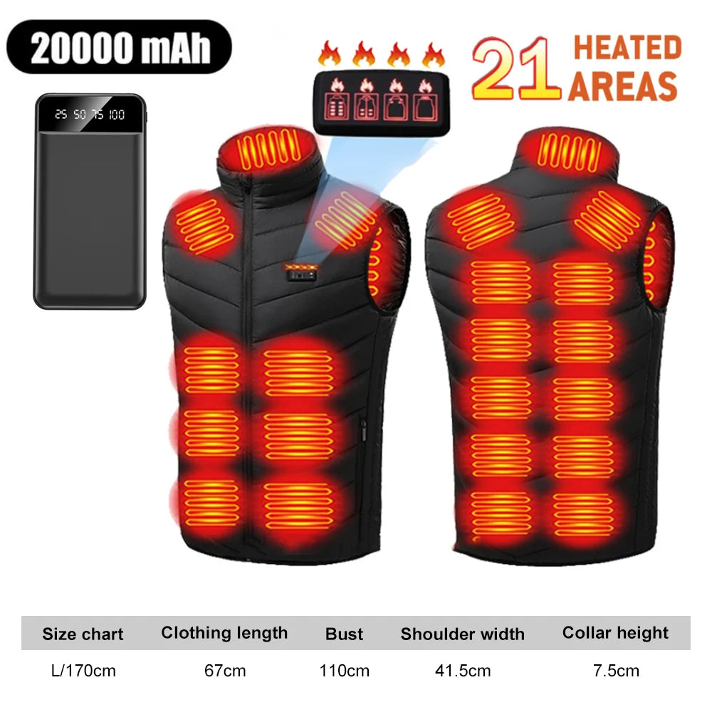 21 Zone Heated Jacket USB Electric Heated Cotton Clothes Warm Snow Heated Vest Jacket Hunting Ski Camping Winter M-4XL