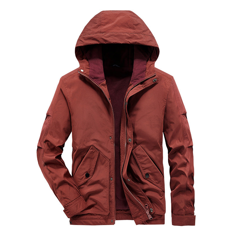 Thick and plush hooded solid color assault style plus plus plus size winter multi pocket men's jacket