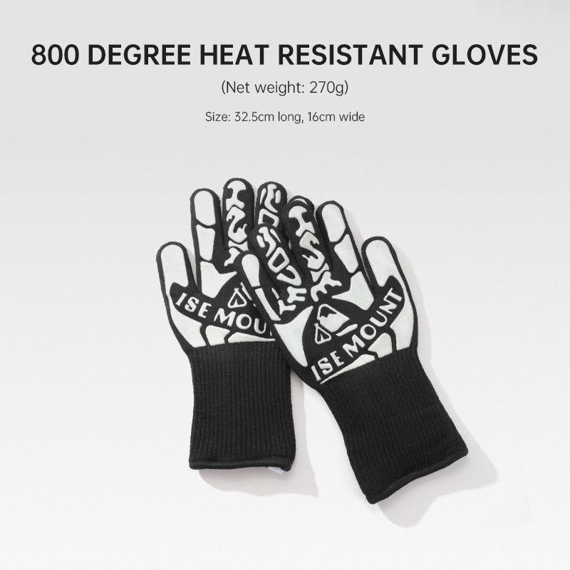 Outdoor 800 degree heat resistant gloves, thermal insulation and anti scald gloves, silicone BBQ barbecue oven thickened gloves